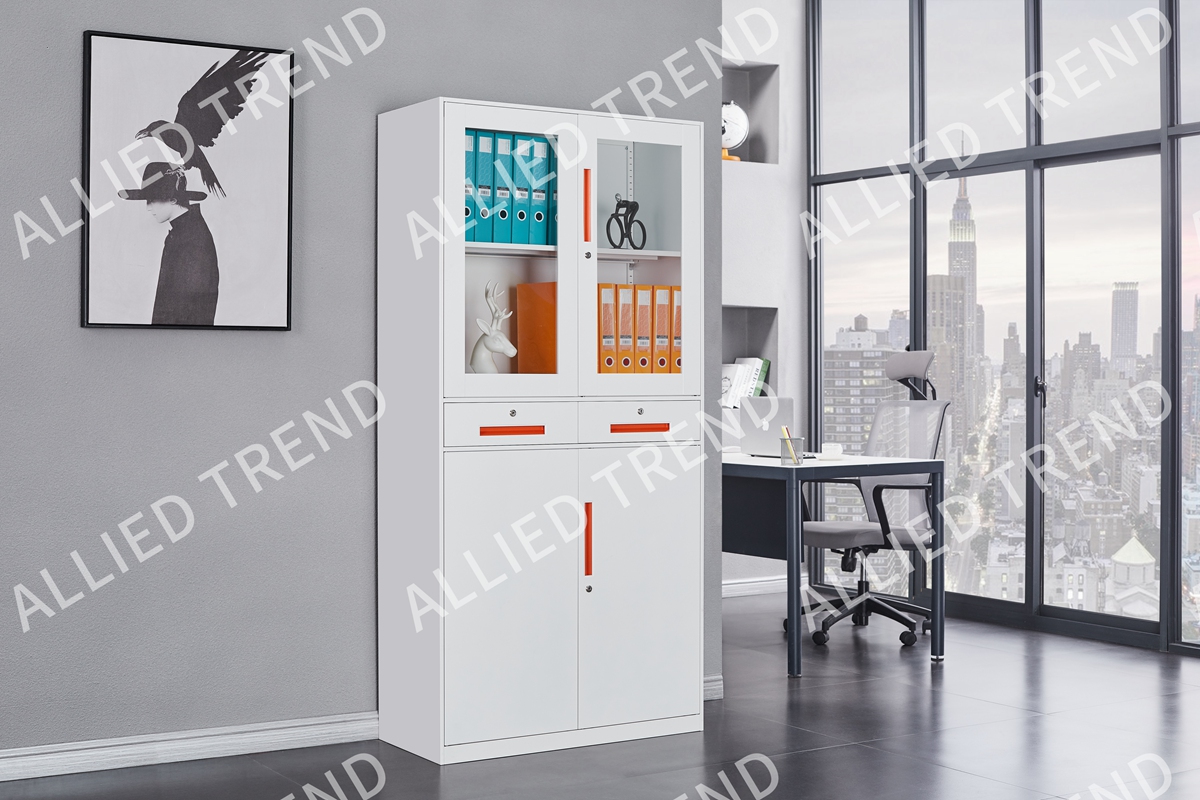 Four-Door (Upper Glass and Lower Steel) Two-Drawer Double-Door Filing Cabinets 12MM-WTFMG2D-D4