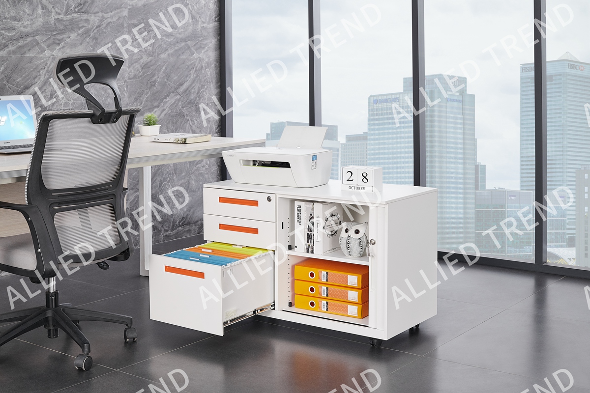 White Rolling Shutter Cabinet with Orange Pull Inset Handle Cabinets AT-MP-10 